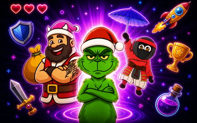 Santa, Grinch and ninja characters from a 2D game art set