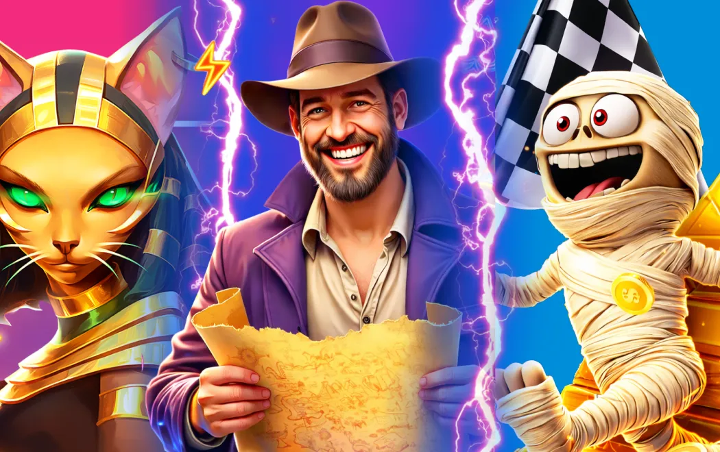 Promo banner with an explorer, a cat and a mummy